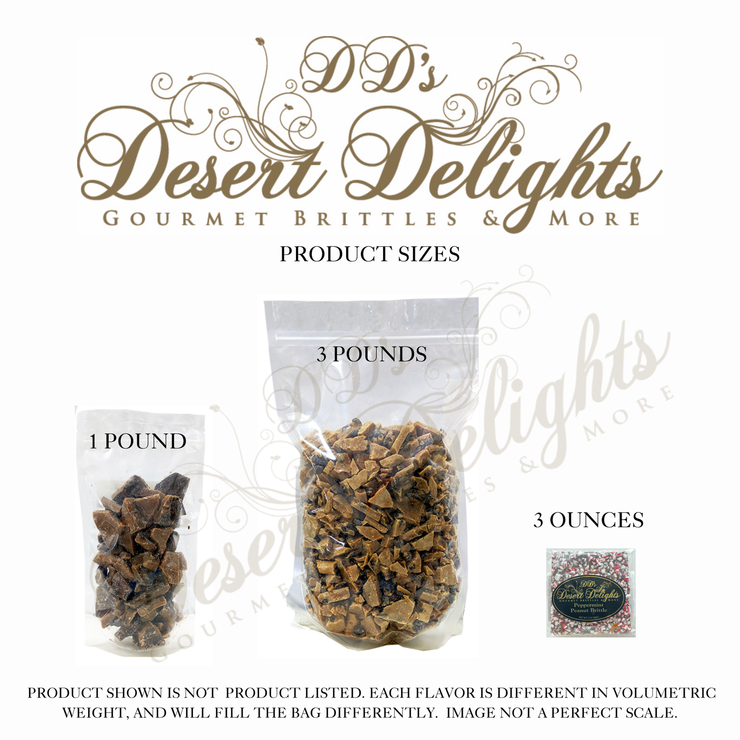 Product sizes of 'DD's Desert Delights' gourmet brittles displayed with packaging labels.