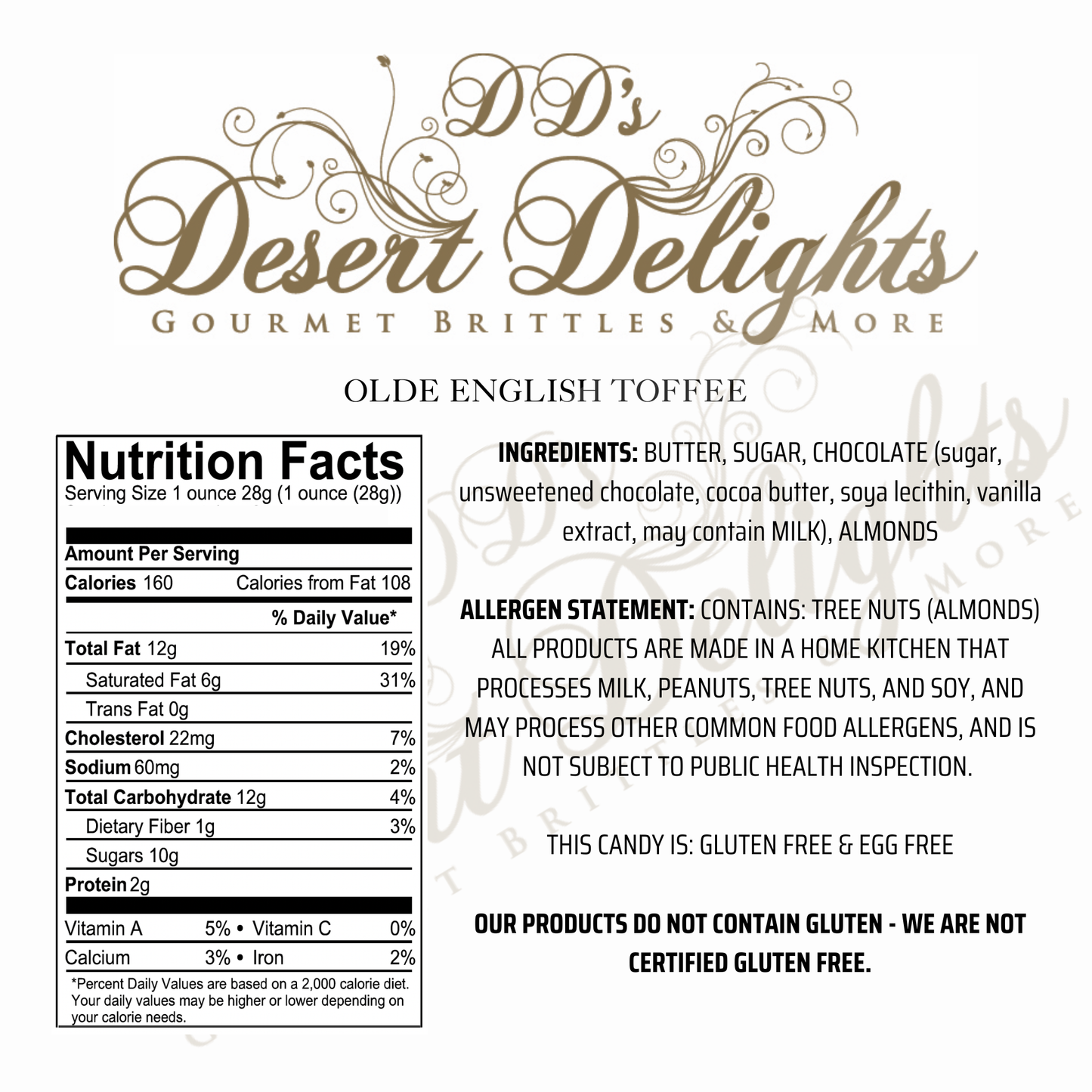 Nutrition facts label for Olde English Toffee from D'D Desert Delights on a white background.