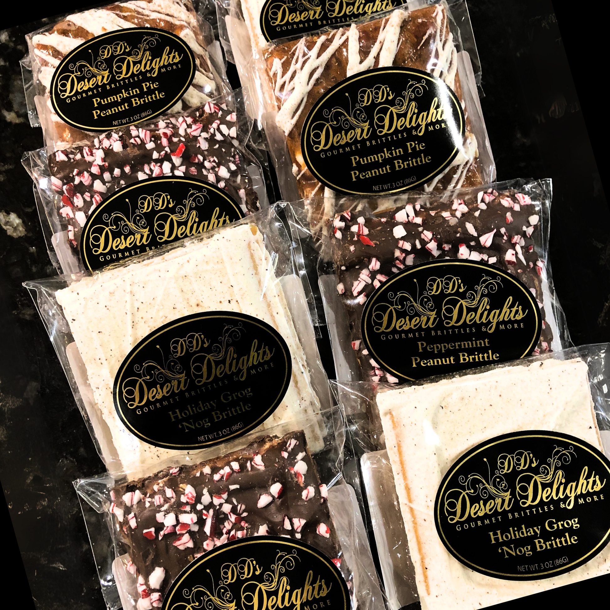 Packaged Desert Delights candy on a dark surface