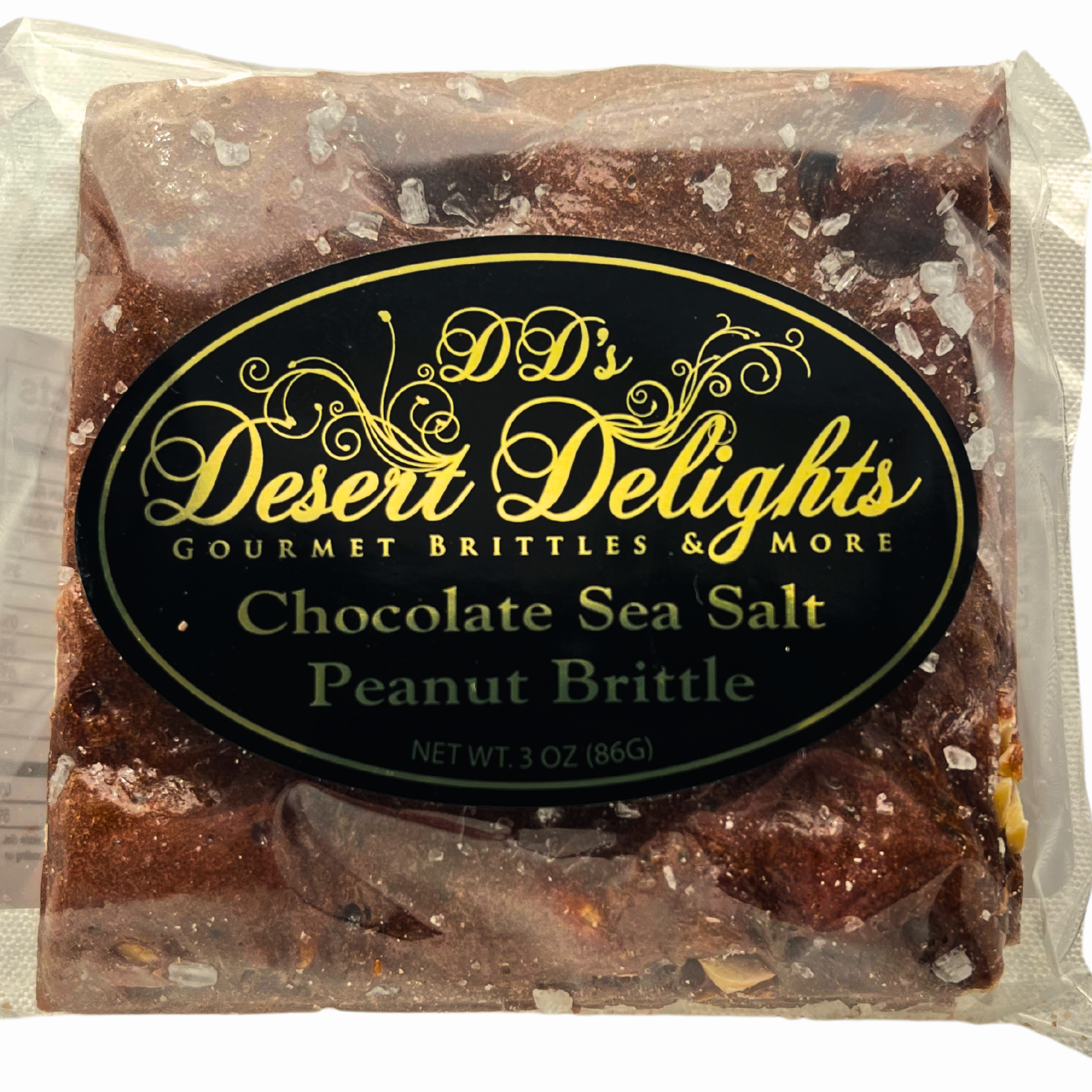 Packaged chocolate sea salt peanut brittle with 'DD's Desert Delights' label.