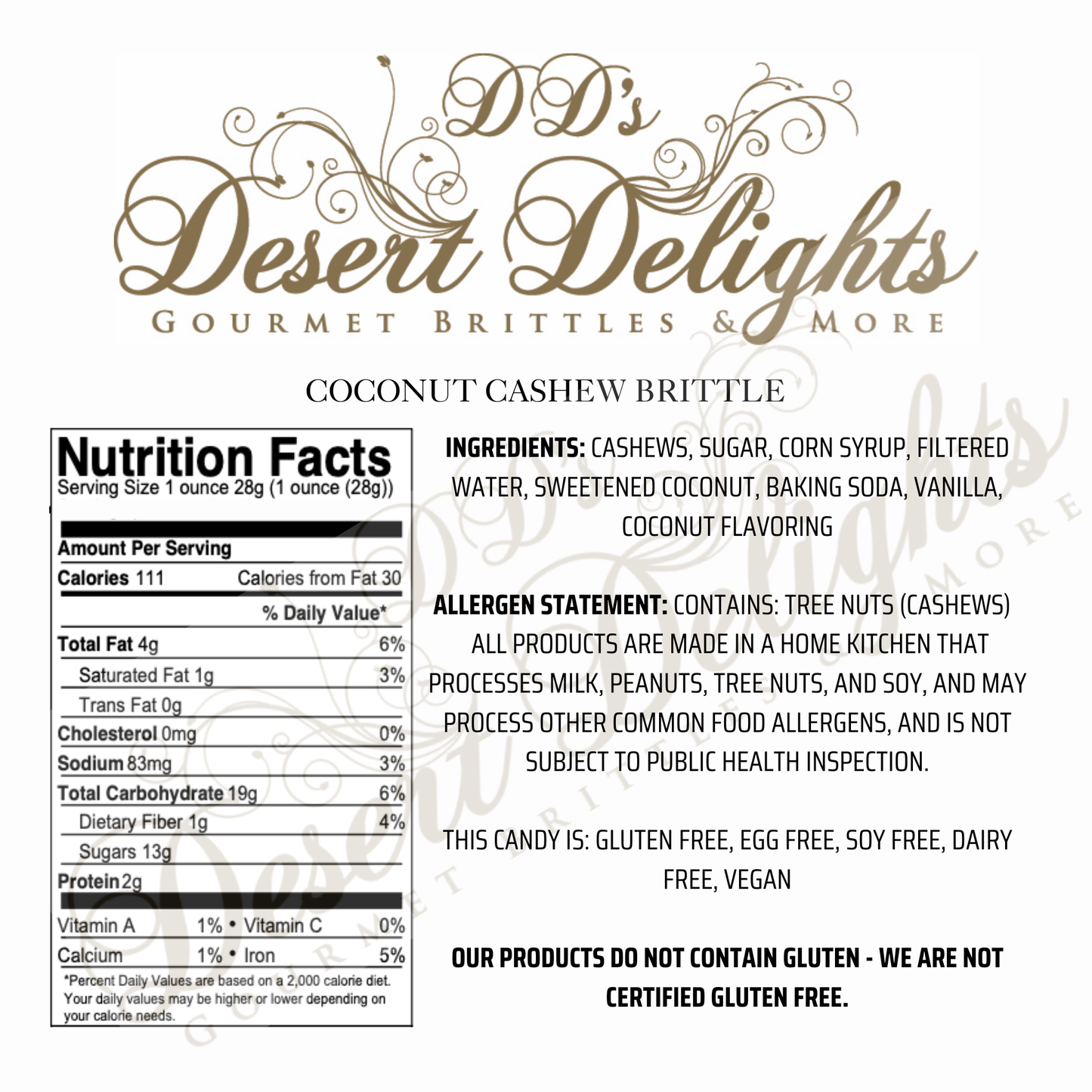 Nutrition label and ingredient list for Coconut Cashew Brittle by D'D Desert Delights on a white background.
