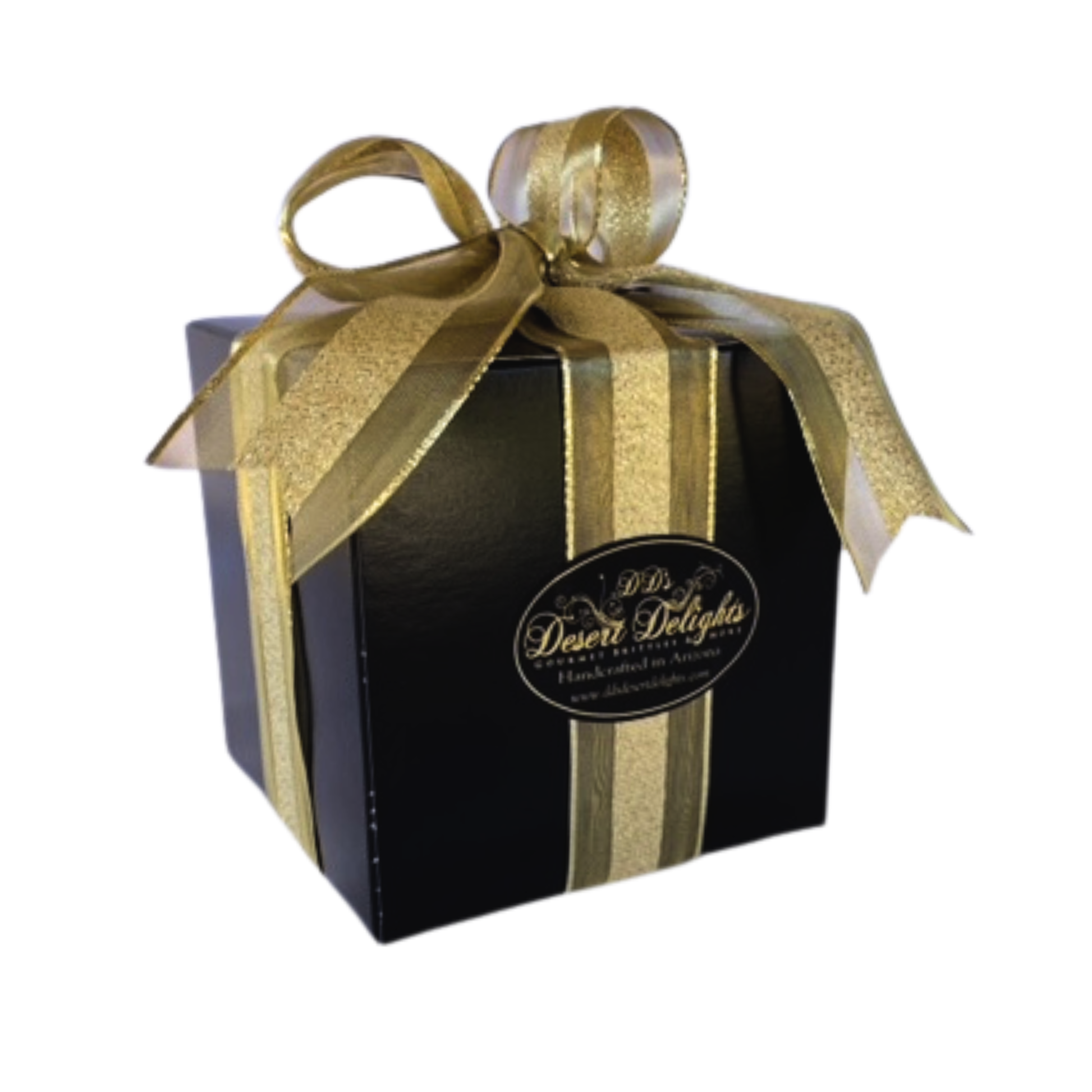 Black gift box with gold ribbon and 'Desert Delights' label on a white background