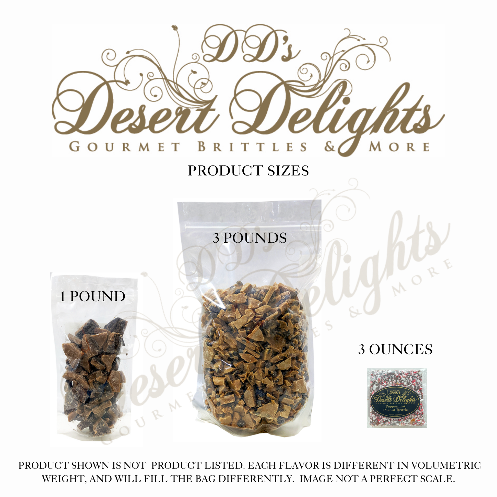 Product sizes of 'DD's Desert Delights' gourmet brittles displayed with packaging labels.