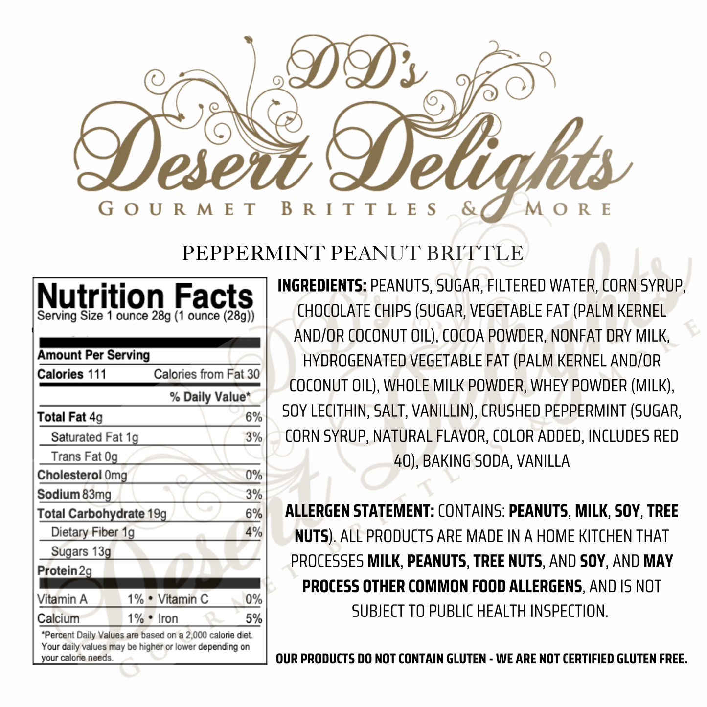 Nutrition facts and ingredient list for peppermint peanut brittle from D'D's Desert Delights.
