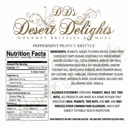 Nutrition facts and ingredient list for peppermint peanut brittle from D'D's Desert Delights.