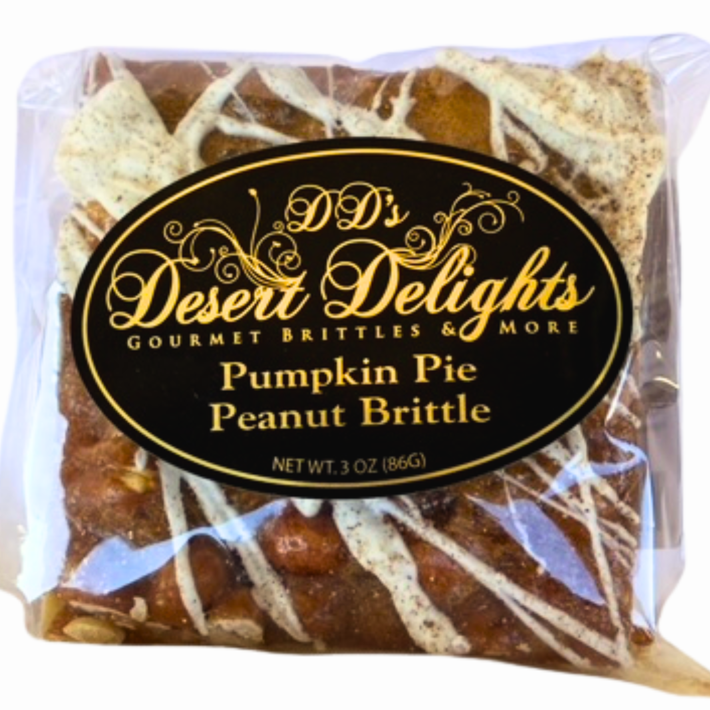 Packaged pumpkin pie peanut brittle with 'D.D.'s Desert Delights' label.