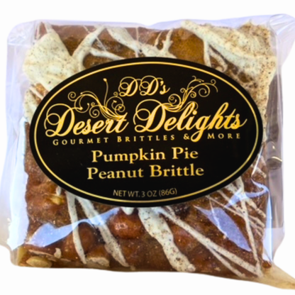 Packaged pumpkin pie peanut brittle with 'D.D.'s Desert Delights' label.